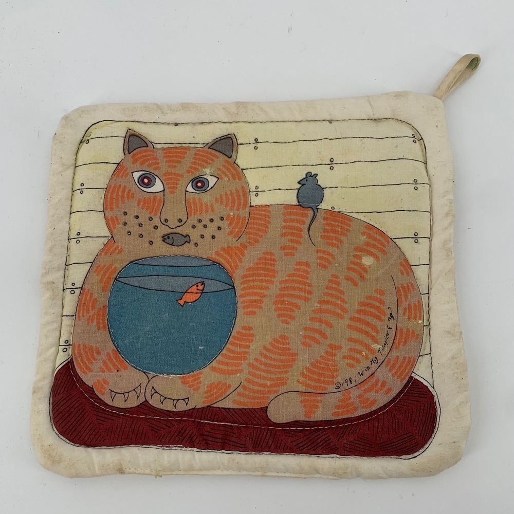 Vintage 1981 Winng Taylor Fry Cat Print Pot Holder Folk‎ Art Orange Tabby Mouse
